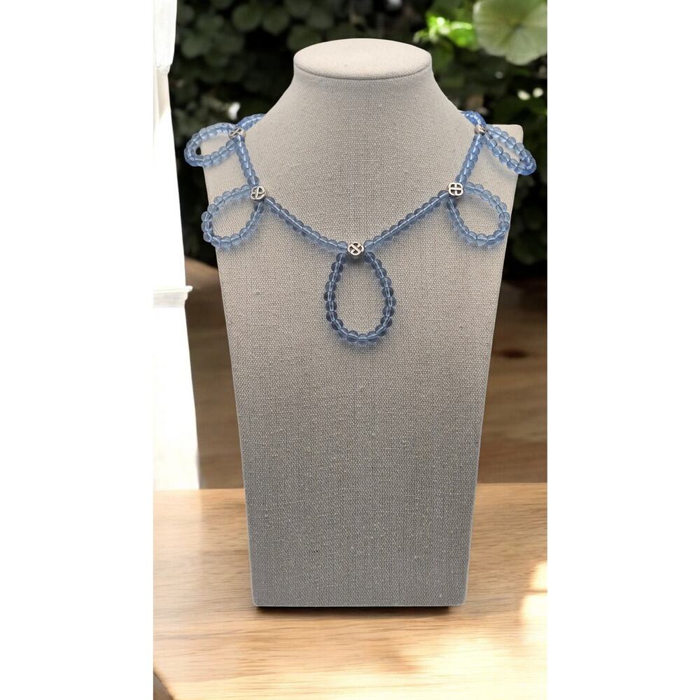 Blue Glass Draped Loop Statement Necklace Silver Czech Style Vintage Romantic